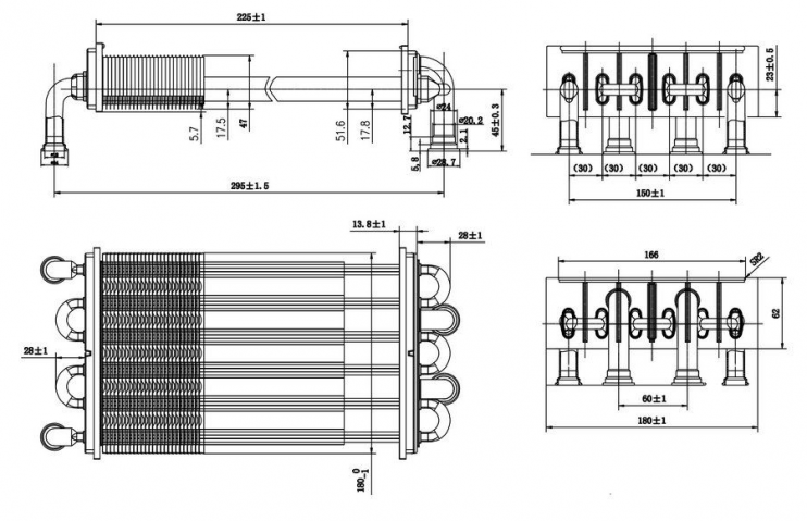 Теплообменник битермический для котла Ferroli Domiproject C24, F24, FerEasy C24, F24 - 39820060, 39819540, 37404110 (аналог)